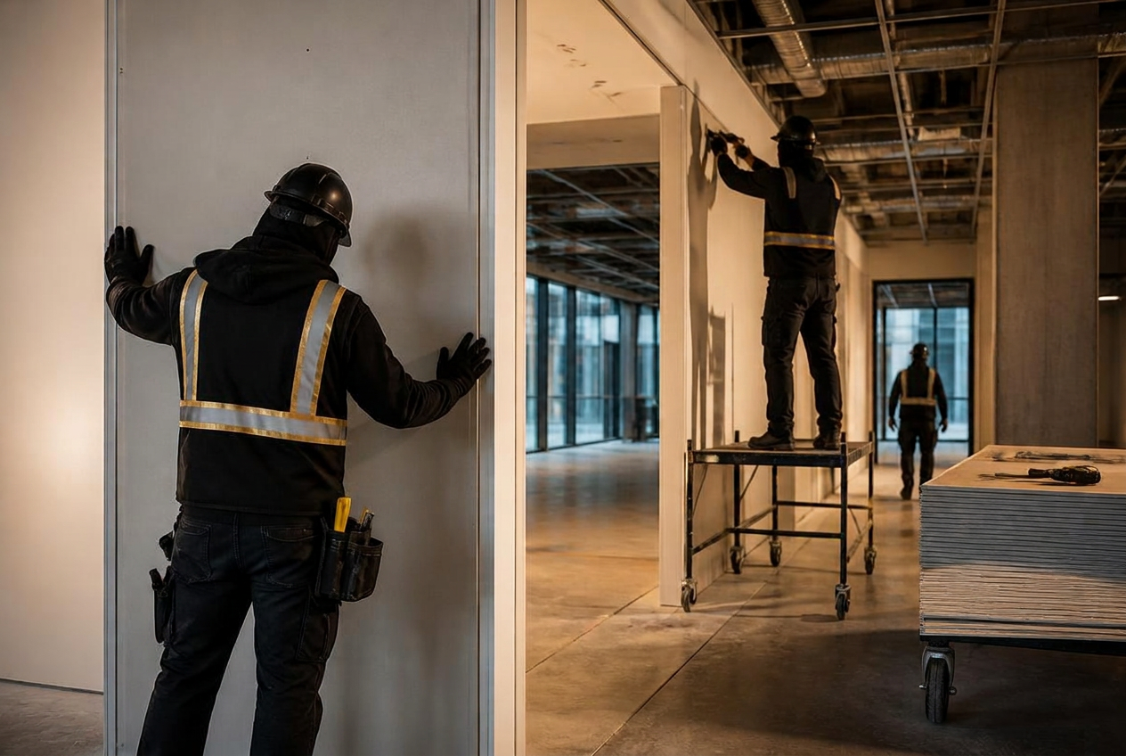 KTC commercial drywall crew installing precision walls on a project site